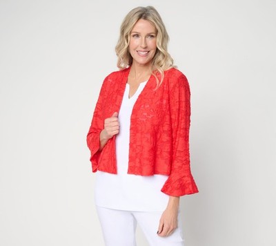 Susan Graver Burnout Knit Shrug with Bell Sleeve Cuff Fiery Coral M New