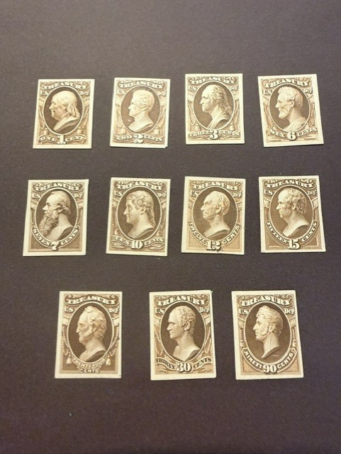 US 1873 Official Treasury Dept Card Proof Set of 11 Scott O72P4 - O82P4, VF