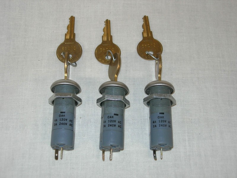 3X NOS Oak SPST Key Switch, UL, 4A @ 120VAC & 2A @ 240VAC