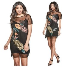 Guess Jimena Tropic Floral Embroidered Black Dress Medium