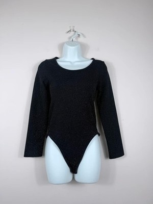 Primark Black Sparkle Metallic Bodysuit Long Sleeve Size Medium Party/Night Out