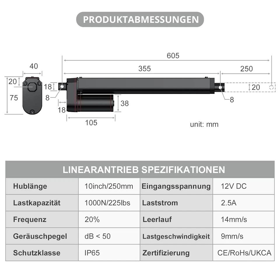 Elektrischer Linearantrieb 1000N | 250mm Hub | 14mm/s Geschwindigkeit - Bild 4 von 4