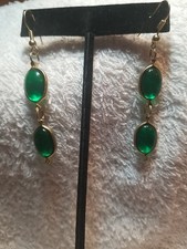 Goldtone Emerald Green Color Dangle Pierced Earrings
