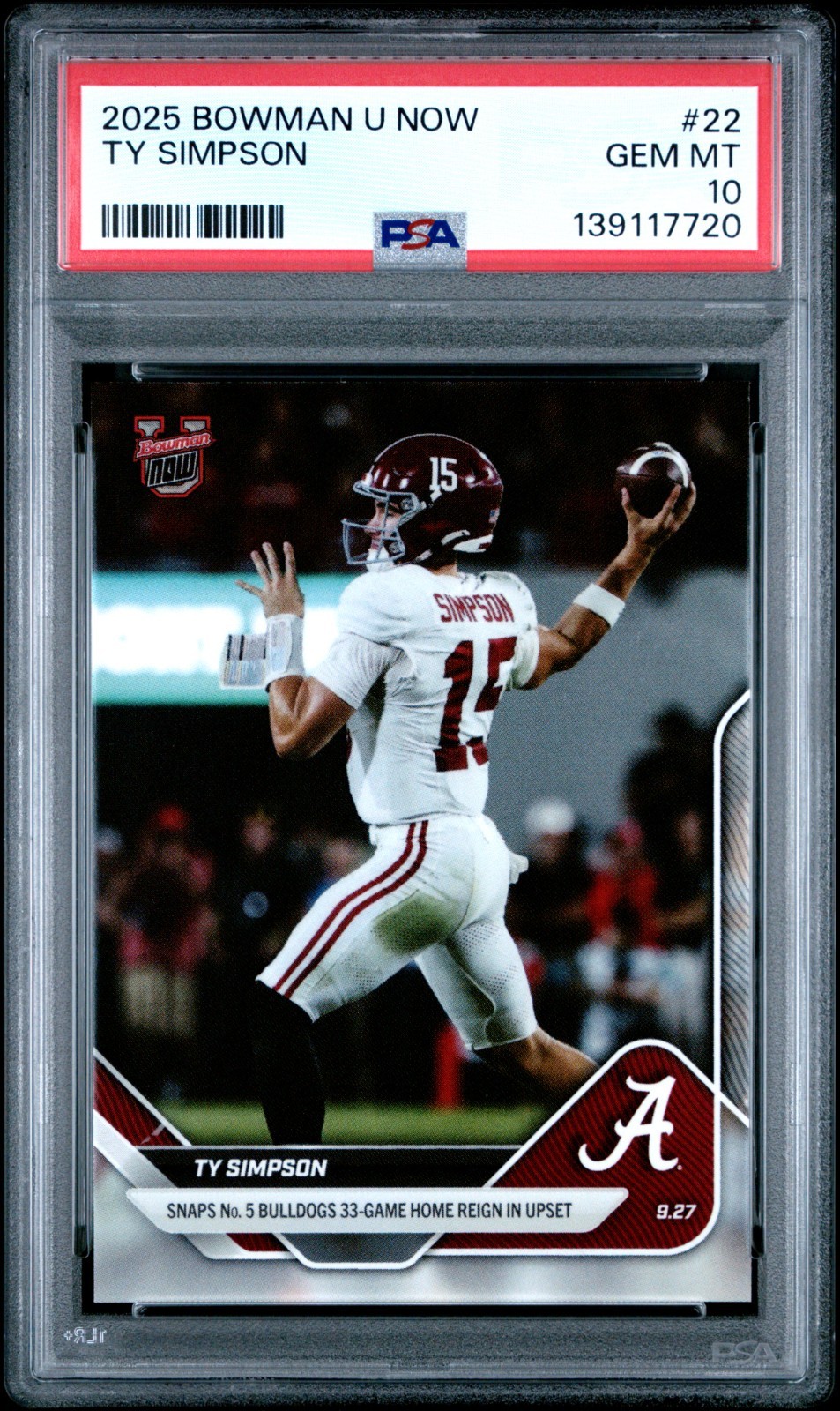 Ty Simpson 2025 Bowman U Now 22 PSA 10 Rams Alabama Rookie