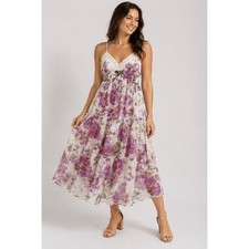 Purple Floral Tiered Maxi Dress Crochet Lace Trim Smocked Waist Sleeveless Small