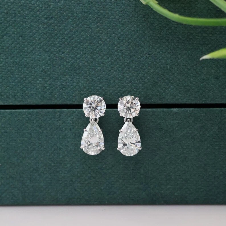 4Ct Round Pear-Cut VS1 Lab Grown Diamond Dangle/Drop Stud Earring 14K White Gold - Image 3 of 4