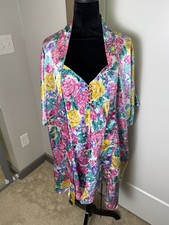 Vintage Sleep Solutions Glossy Satin Mini Dress Nightgown  Robe Set Floral M