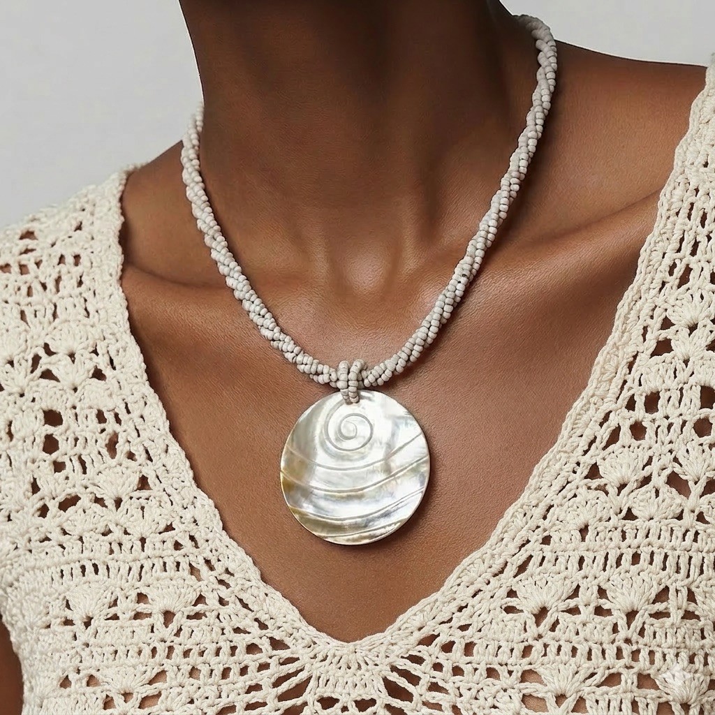 Handcrafted Statement Seashells Pendant Necklace … - image 1