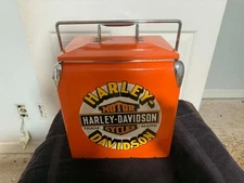 Harley Davidson Orange Very Rare Retro Steel Cooler Box 31.5 x 31 x 24cm Used
