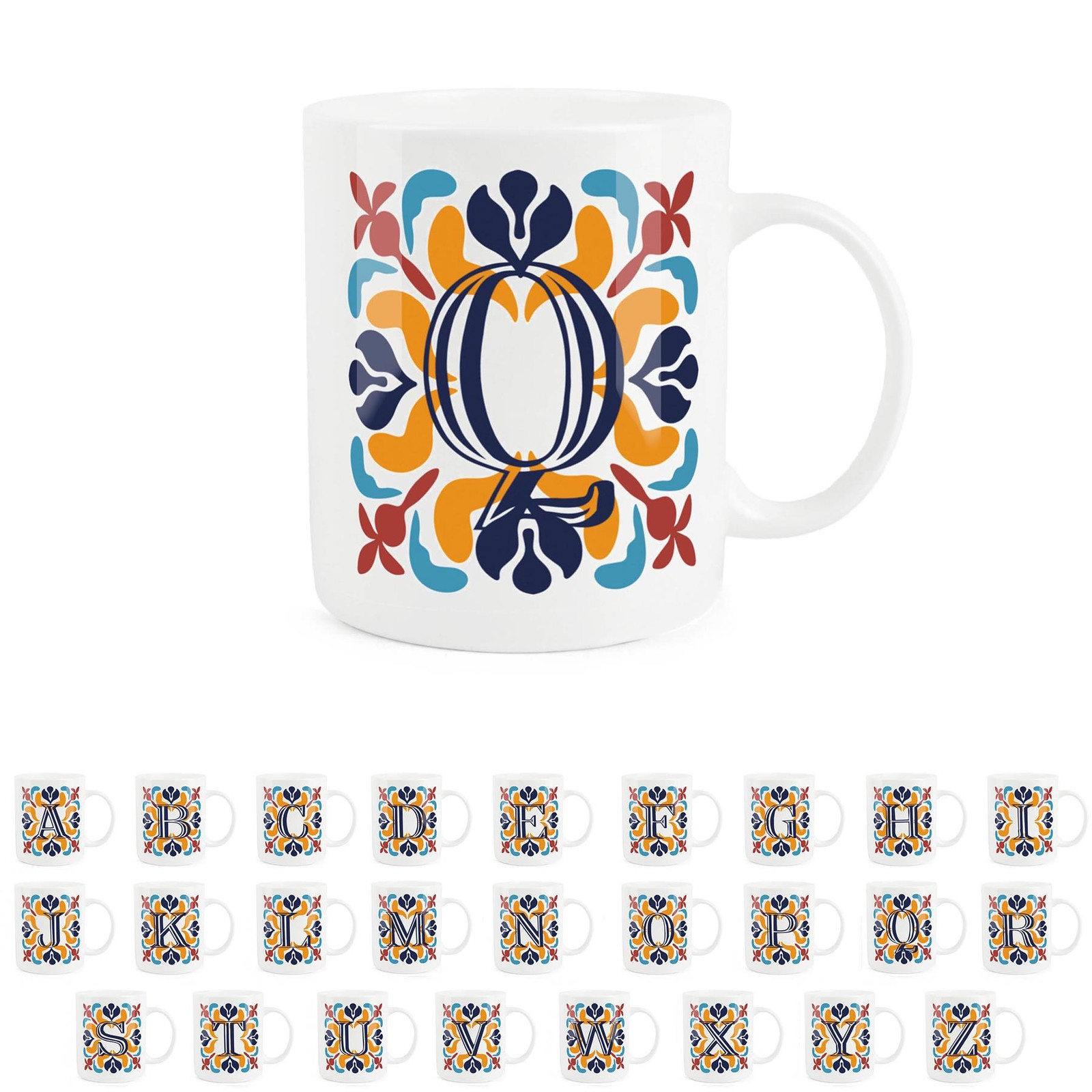 Moroccan Tile Letter Q Mug - Red & Navy Bone China Alphabet Gift Mug