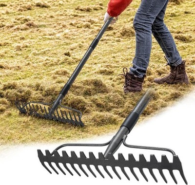 Metal Garden Rake with Long Handle for Soil Gravel Leaves & Compost 17 Tines 49''