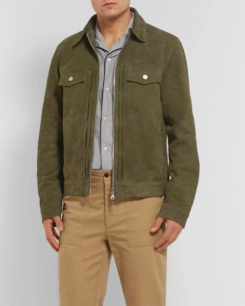 Mens Brown Vintage Suede Leather Jacket Slim Fit Bomber Biker Trucker Jacket L