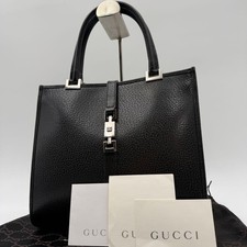 GUCCI Jackie Handbag Tote Bag Black Leather Silver Hardware Clasp