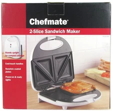 Chefmate Sandwich Maker Non-stick Coated Plates Stores Upright New Open Box