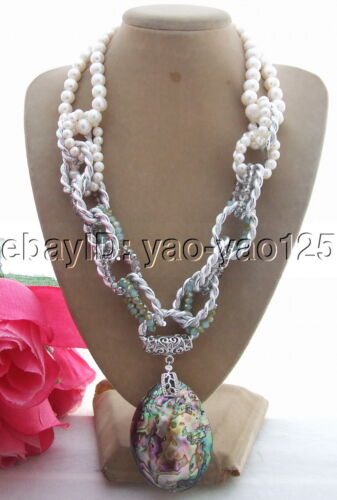 White Pearl  Abalone Shell Crystal Necklace  Abalone Shell pendant necklace - Picture 1 of 3