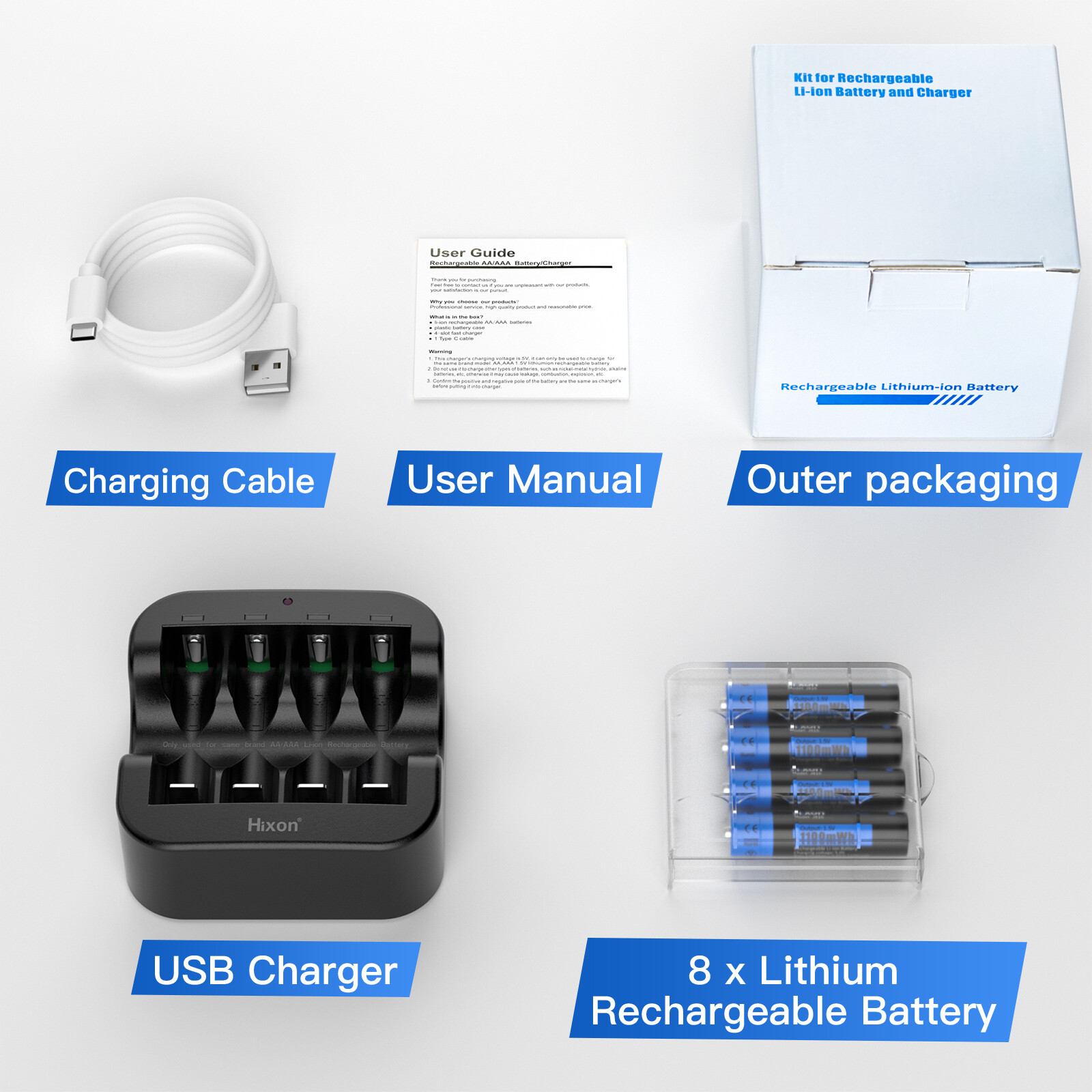 1100mWh Hixon AAA 1.5V Lithium Rechargeable Batteries &Charg