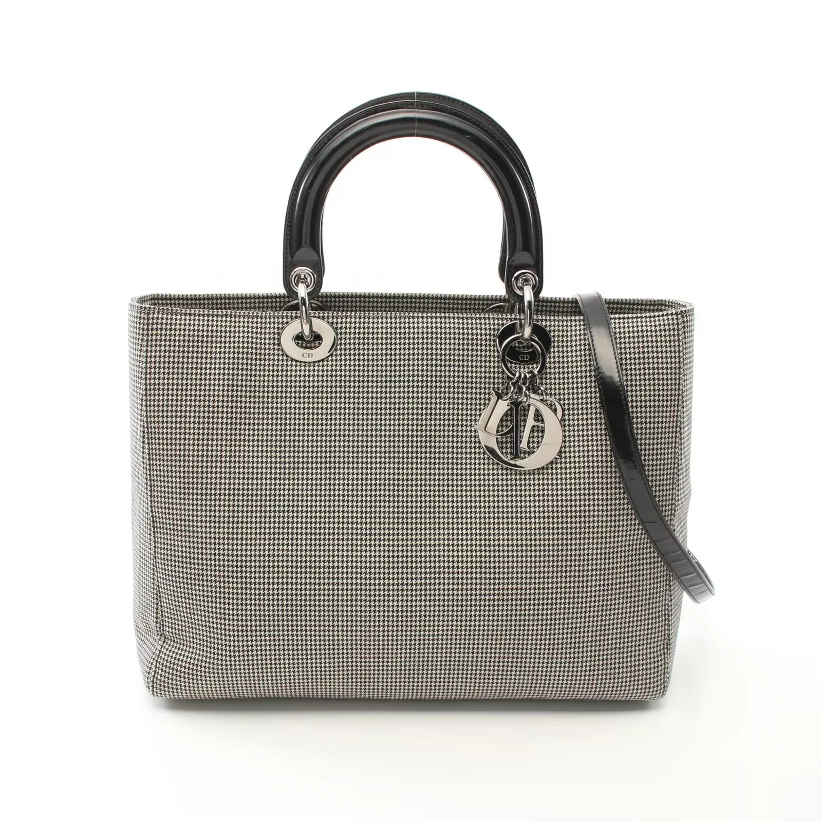 Grand sac à main Dior Lady Christian 2 voies toile cuir verni noir blanc occasion