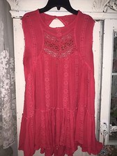 Free People Medium Lacy Sleeveless Tunic Top Dress Ruffle Hem Open Back Orange