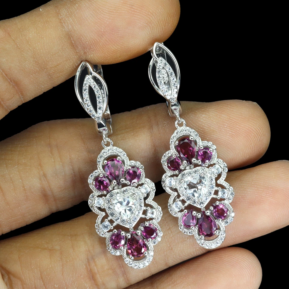 Pendientes de plata de ley 925 corazón topacio blanco rodolita granate piedras preciosas joyería Foto 2 de 4