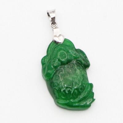 Estate 14K White Gold Carved Green Jade Frog Toad Pendant 5.8 Grams