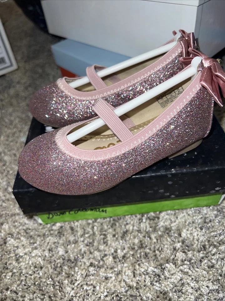Sapatos sociais Sam Edelman criança 7 meninas rosa glitter laço costas NOVO - Imagem 2 de 4