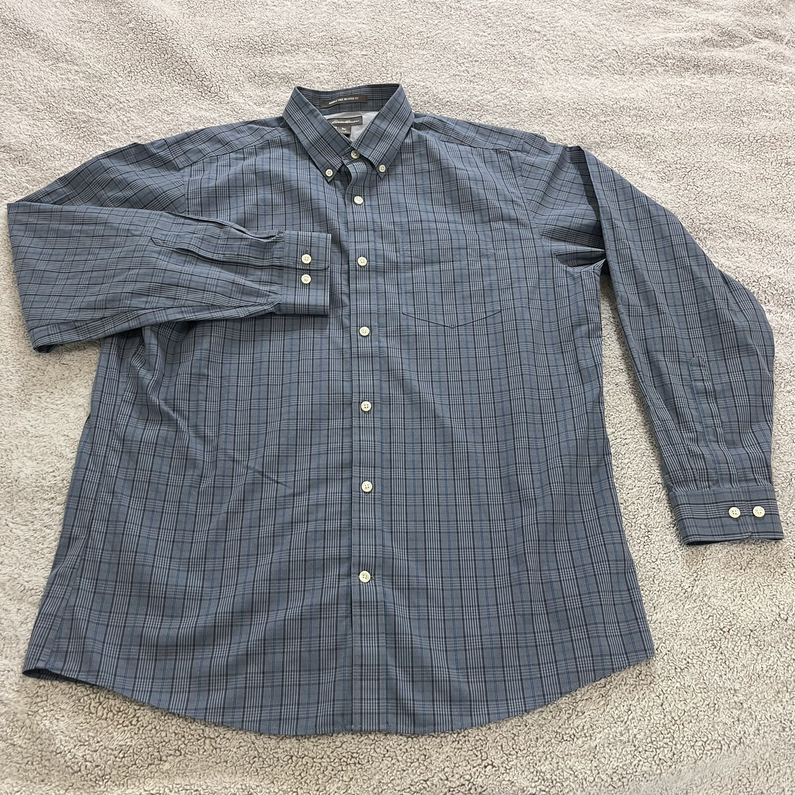 Eddie Bauer Heather Blue Plaid Long Sleeve Relaxed Fit Mens Button Down Shirt Large