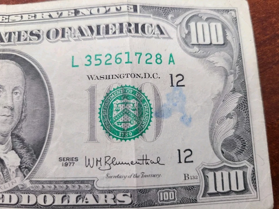 Small Face $100 bill (One Hundred Dollar Bill) - Series 1977 - Image 3 of 4