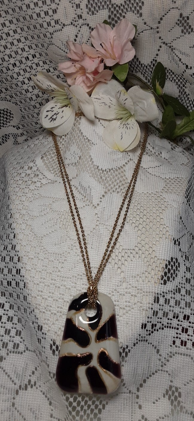 Goldtone Multi-Chain Necklace with Chunky Black & White Art Glass Pendant by Alfani-image