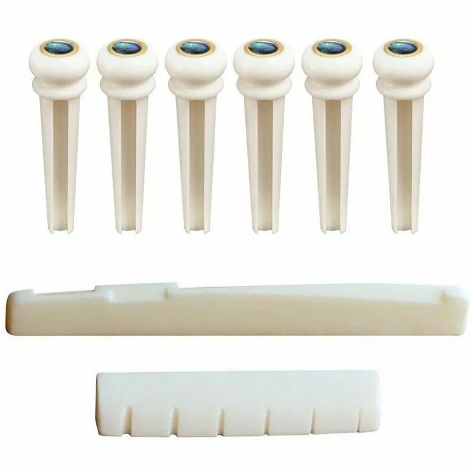 Acoustic Guitar Bone Saddle, Nut & Bridge Pin Set - Natural Bone For Better Tone & Sustain