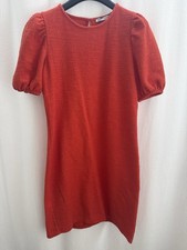 Zara Red/Orange Coral Textured Puff Sleeve Shift Dress Crew Neck Short Size S
