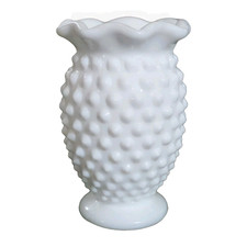 VTG Fenton White Hobnail Opalescent Ruffled Vase 3.5 in Hand-blown Collectible