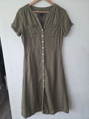 Talbot s Women s Sz 2 100% LINEN Olive Green Button Up Shirt Dress (no Belt)