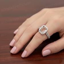 925 Sterling Silver 7x9mm Emerald Cut CZ Halo Ring-Blank Semi Mount Double Band