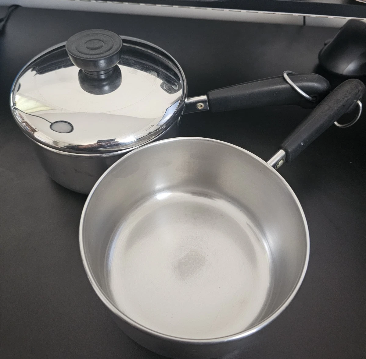 Vintage Revere Ware Stainless Steel Saucepan Lot 2 Pans 1 Lid USA 1 Qt Clinton