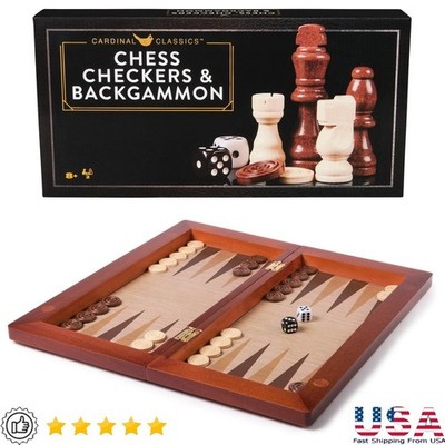 Classic Board Game Set Chess Checkers Backgammon Wooden Storage Case Family Fun