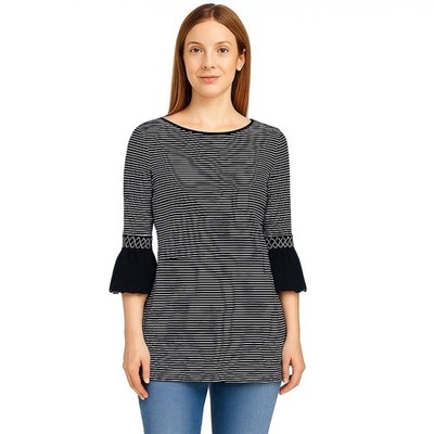 J. Jill Striped Split Hem Smocked Woven Cuff Knit Tunic Top Women s Size Small