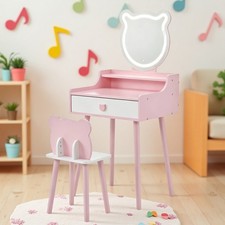 Kids Vanity Set - Princess Pink Bear LED Mirror Makeup Table Stool 1 Drawer