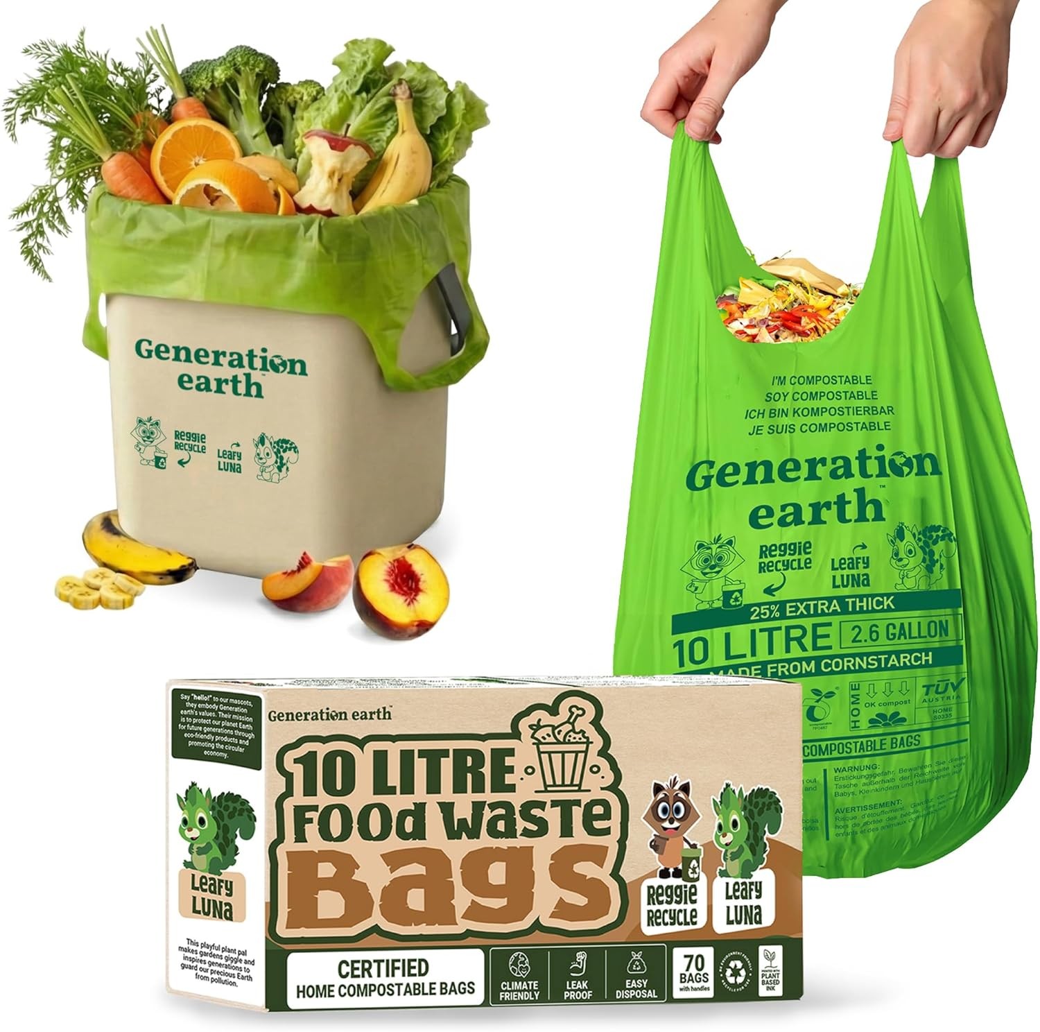 70 bags 10L | Super Strong Food Waste Corn Starch Compostable Caddy Liners | Bi