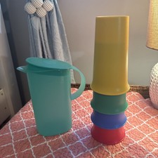 Vintage Tupperware Pitcher & Bell Tumblers Set Red Yellow Green Blue Made in USA