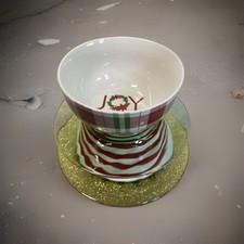 Christmas Tiered Centerpiece Stand Plain JOY Bowl Stiped Base Holiday Decor OOAK