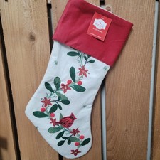 Holiday Time Christmas Stocking Cardinal Berries Red Cream