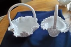 Set of 2 Vintage  Fenton White Milk Glass Hobnail And Thumbprint Baskets