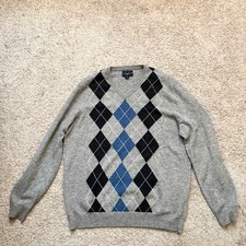 Club Room 100 Cashmere Argyle V-Neck Sweater Gray Blue Men s L