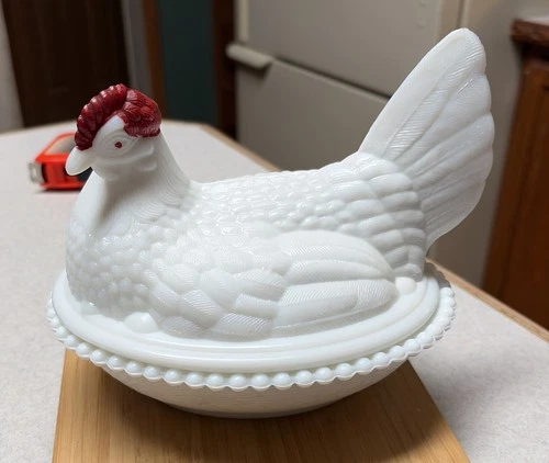 Vintage Mosser Milk Glass Hen And Nest Candy Dish