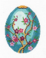 Cherry Blossoms on Jeweled Turquoise EGG handpainted Needlepoint Canvas by LEE