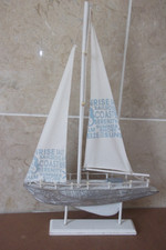 47cm by 31 cm white paint on wood yacht with cloth nautical print sails on stand