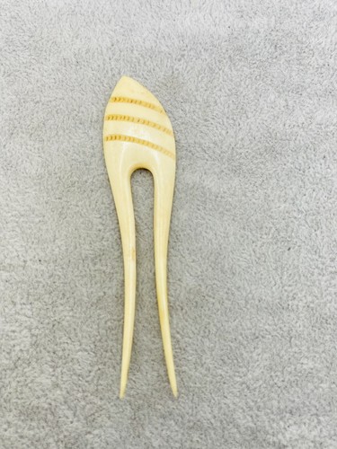 Vintage Hand Carved Hair Fork Bun Holder Tribal Organic Ivory Tone Hair Pin