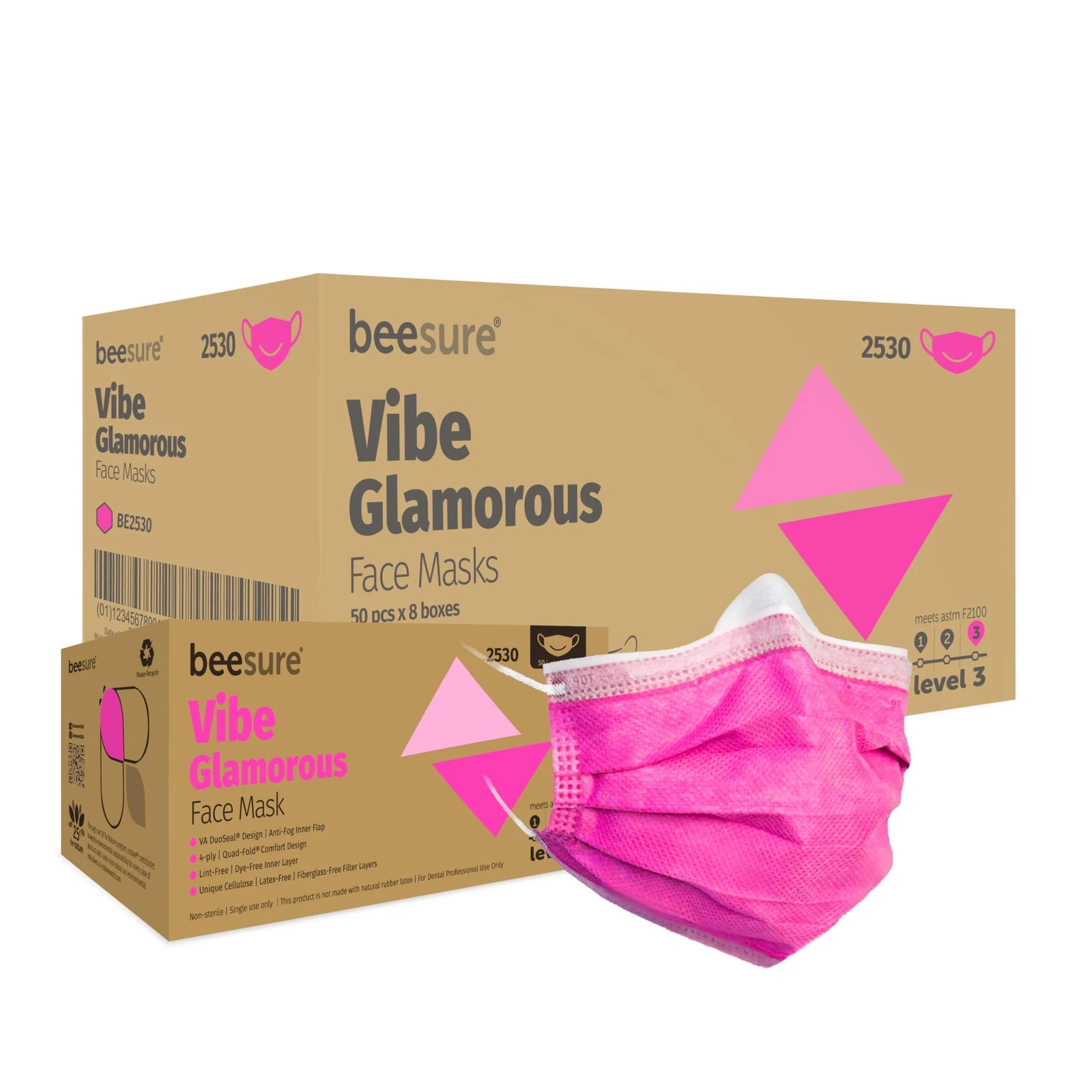 Bee Sure Vibe Glamorous Pink 4 Ply Face Masks ASTM Level 3 Latex Free Protective
