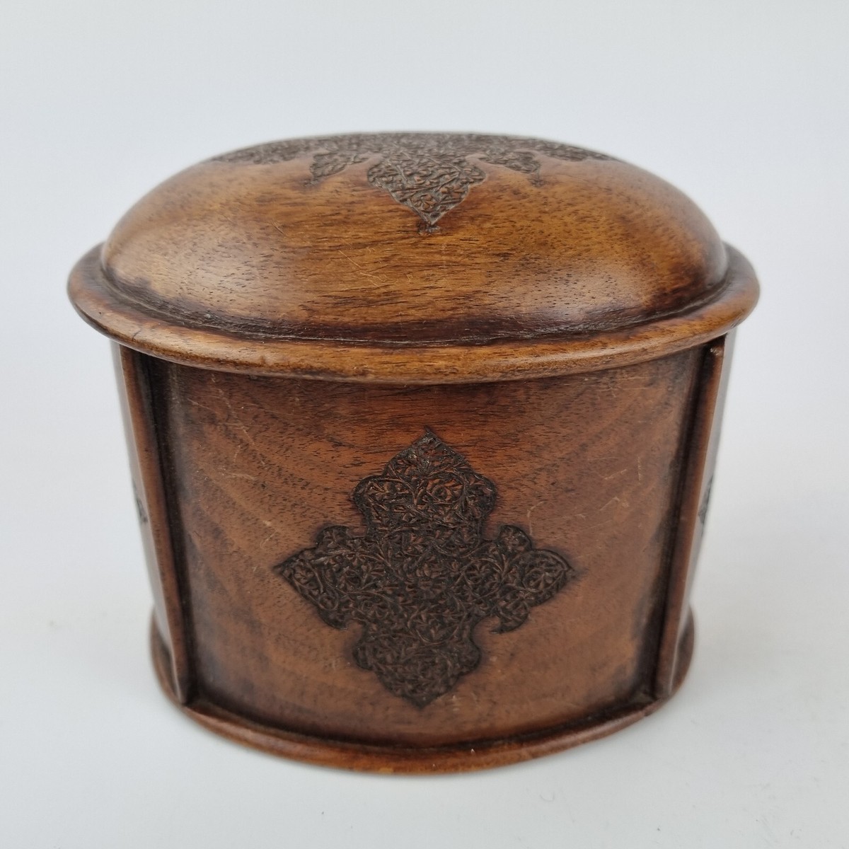 walnut cigarette holder Antique Oval Walnut Cigarette Box With Carved Panels 11cm High