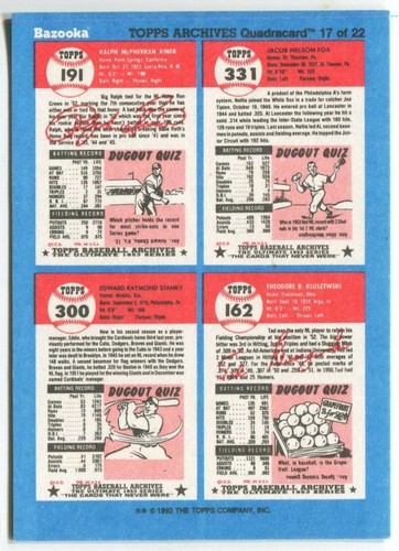 1992 Topps Bazooka 4-in-1 Card #17 Nellie Fox Chicago White Sox - Foto 2 di 2